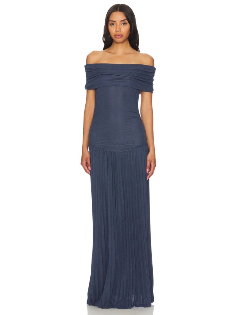 Lioness Navy Blue Off-Shoulder Pleated Maxi Dress - Picture 10 of 15